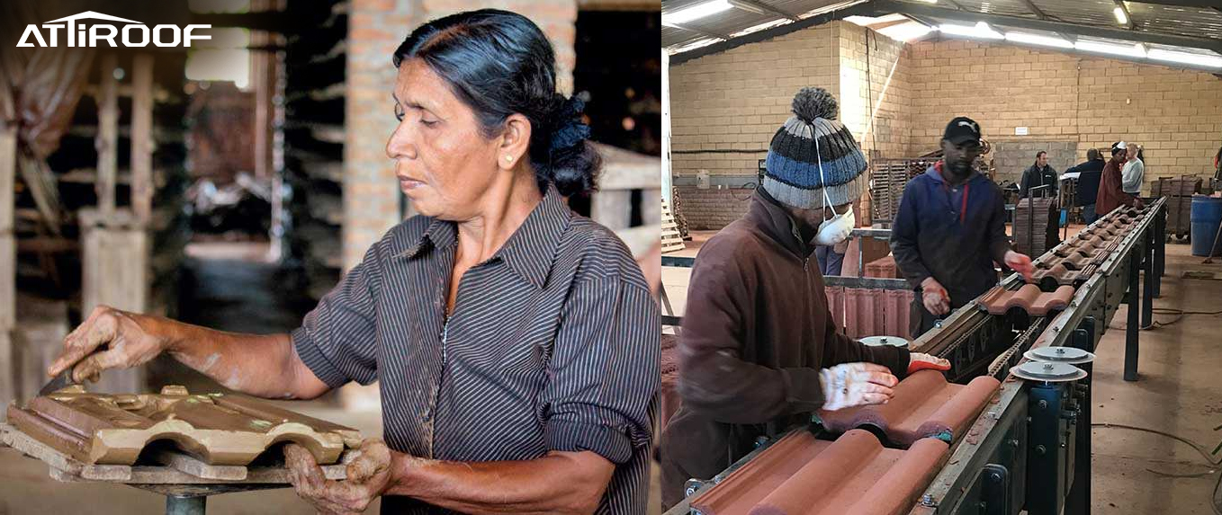 Side-by-side comparison of traditional and modern roof tile production, with a craftsman hand-shaping clay tiles and workers overseeing a mechanized production line.