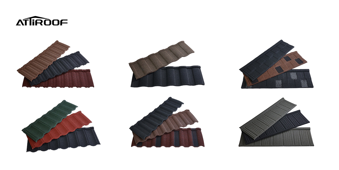 Assortment of stone-coated metal roofing tiles in various colors and profiles, demonstrating the diverse design options available.