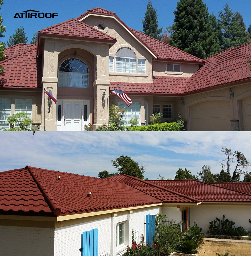 Two homes with stone-coated metal roofs: the top image shows a traditional house with a flag, the bottom a modern home with bright shutters, exemplifying the tiles’ versatility across architectural styles.