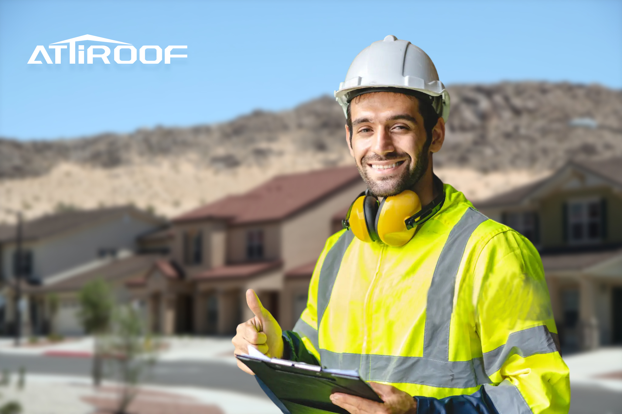 Smiling construction worker in high-visibility clothing with protective gear, clipboard in hand, standing in front of a blurred backdrop featuring residential roofs.