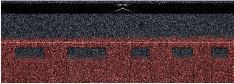 Close-up of red-brown asphalt roofing shingles with granular surface texture and cut-out sealant strips visible.