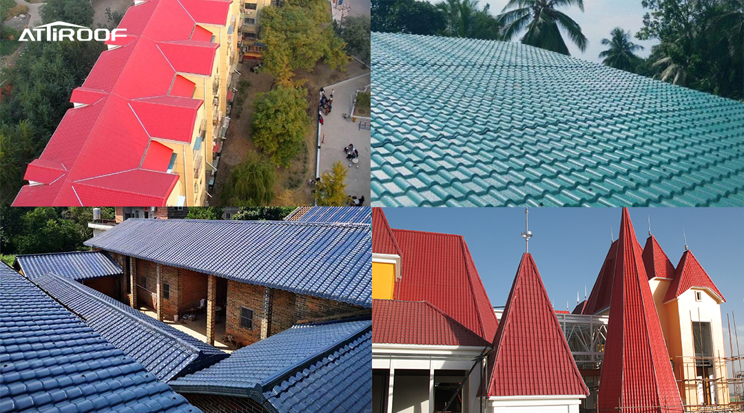 Variety of buildings showcasing different architectural roof styles including traditional, modern, rural, and Mediterranean, all featuring synthetic resin tiles.