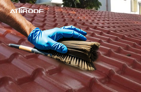 Close-up of a person’s hand cleaning a red tile roof with a soft-bristled brush as part of roof maintenance and cleaning procedures.