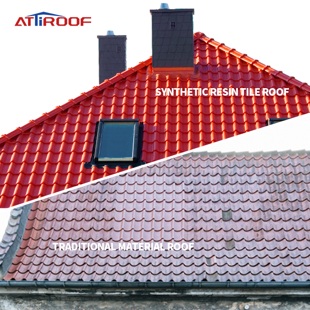 Comparison of bright red synthetic resin tile roof to a grey traditional material roof on houses.