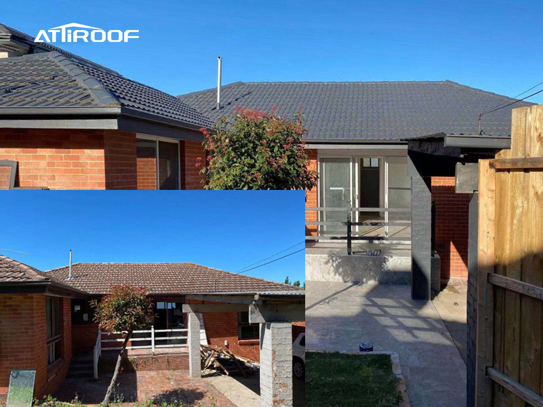 Before and after comparison of a suburban family home renovation, showing the transformation from old terracotta tiles to new dark grey synthetic resin roofing.