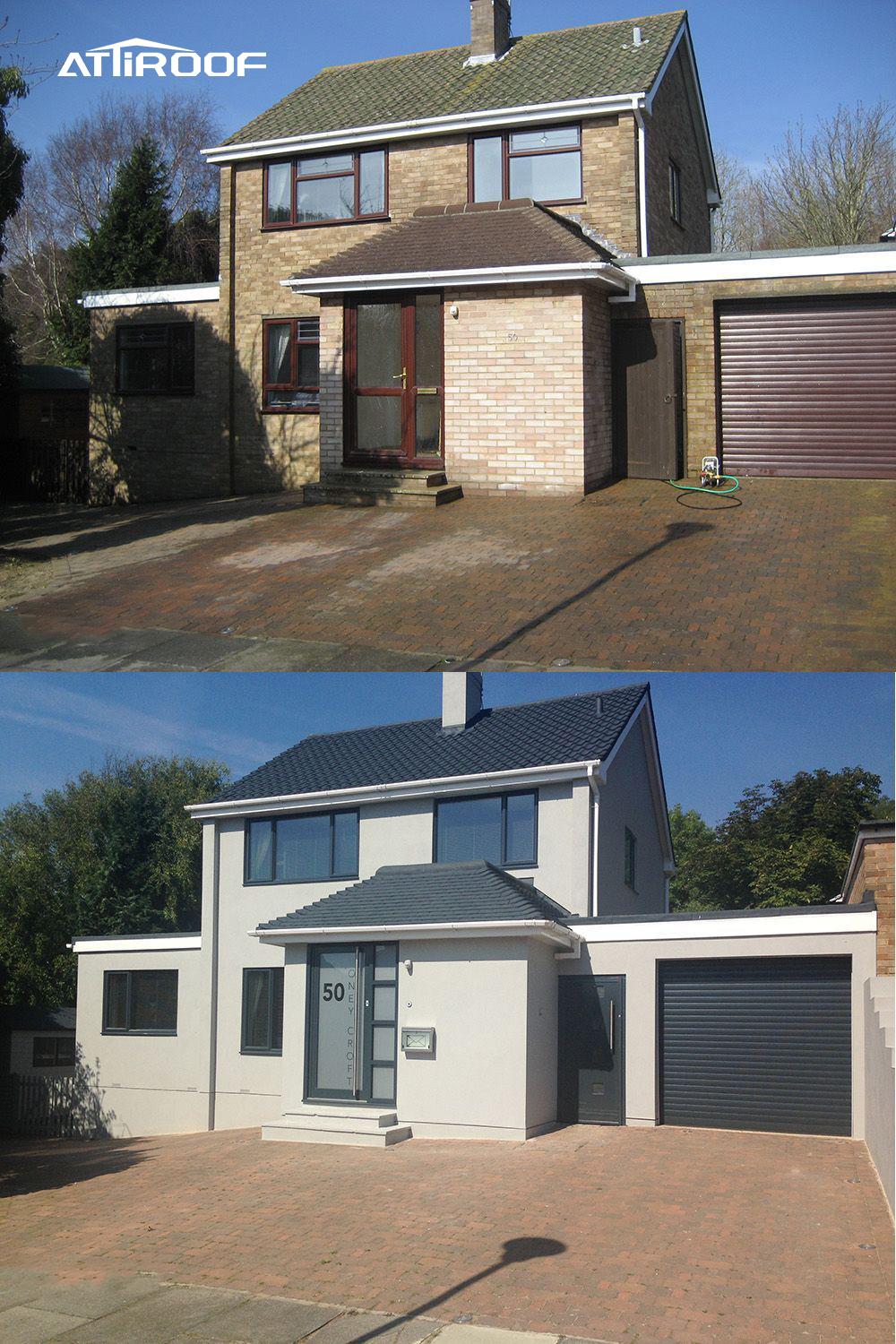 Before and after comparison of a residential house renovation showing the update from an old exterior to a modern design with a new roof, windows, and facade.