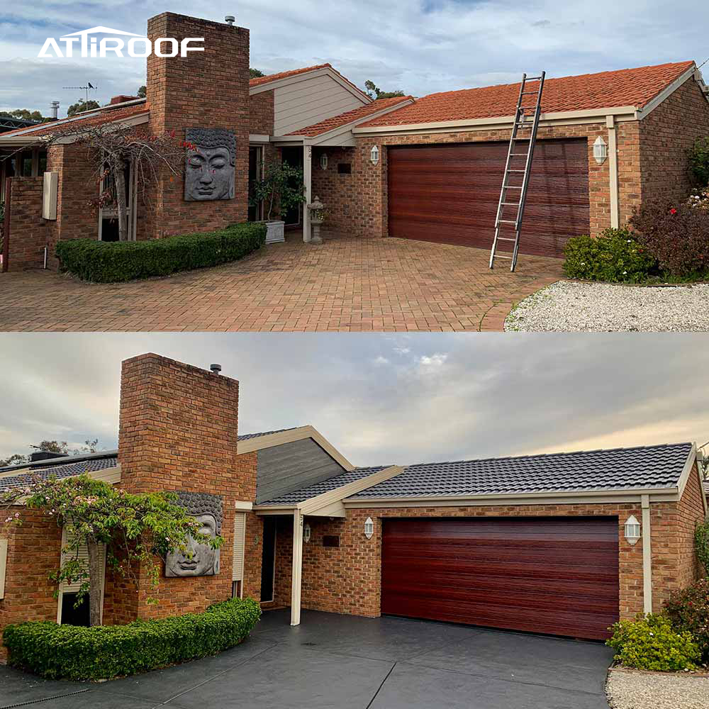 Before and after renovation comparison of a historical building with changes from an old roof and driveway to a new synthetic resin tile roof and modern driveway design.