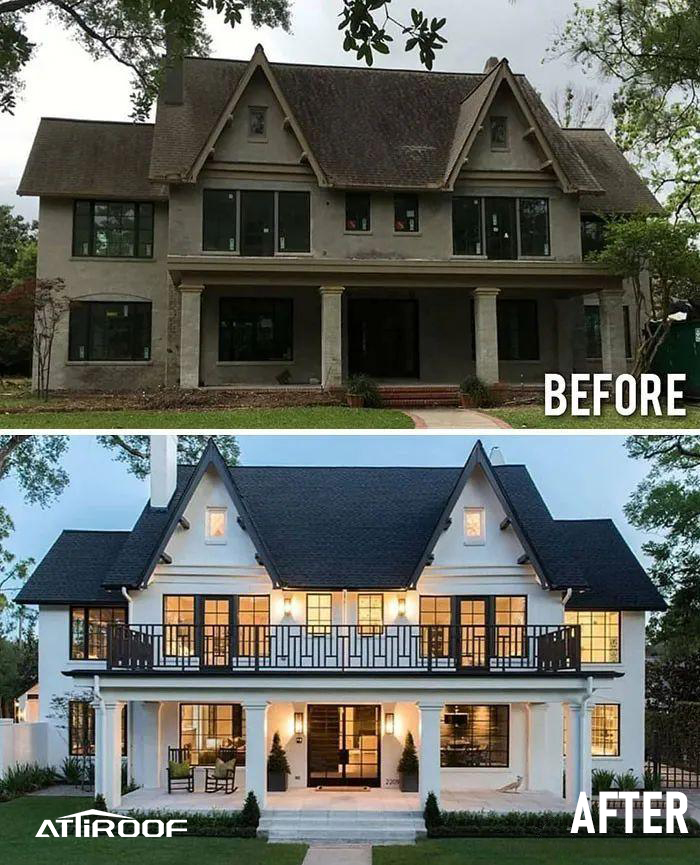 Before and after comparison of a historic villa and a modern villa, highlighting Atiroof's roofing transformation.