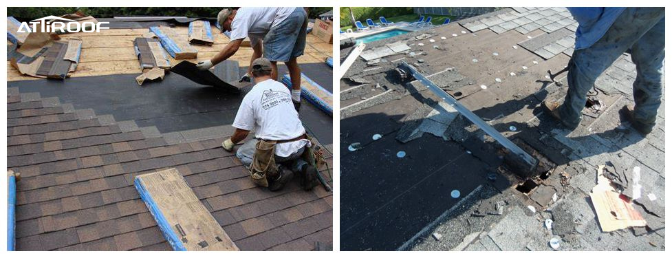 Maintenance workers fixing broken shingles on a roof